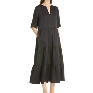 Lafayette 148 New York Selma Solid Black Satin Tiered Classic Simple Midi Dress